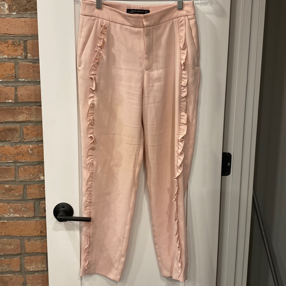 Zara Size Small Pink Trousers with Ruffle Detailing